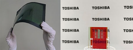 Toshiba’s film-type perovskite solar cell (left) and transparent Cu2O solar cell (right).