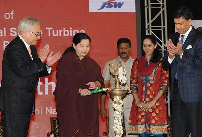 The Hon'ble Chief Minister of Tamil Nadu Selvi J. Jayalalitha is seen lighting the traditional lamp during the inauguration of Toshiba JSW Plant in Manali, Chennai